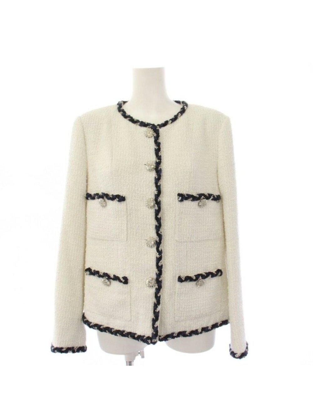 Chanel Uniform Twi Dono Color Jacket CC Logo Bijuu 38 White KH